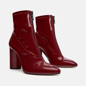 Red patent finish heeled ankle boots (booties)